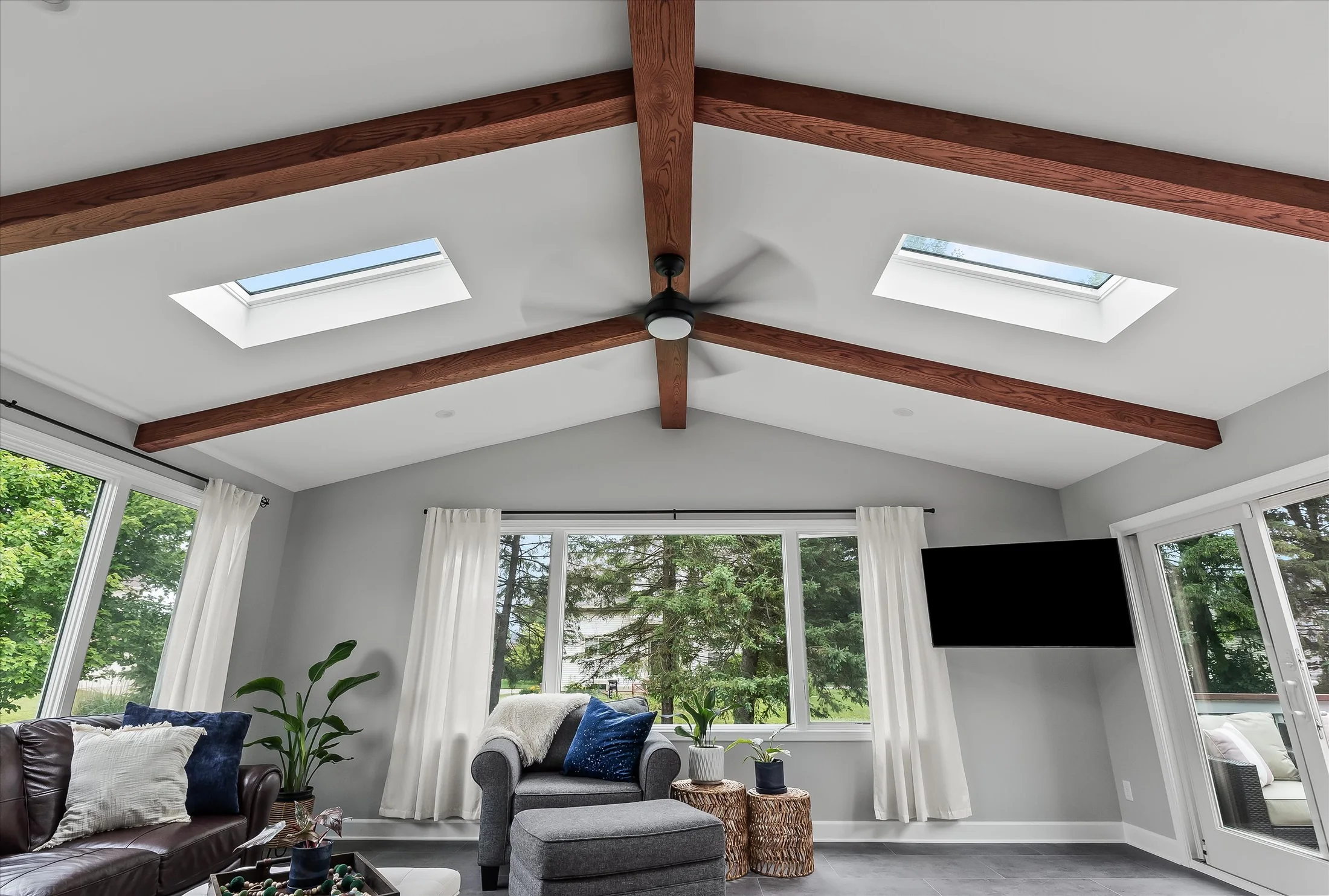 Vaulted living room with exposed beams